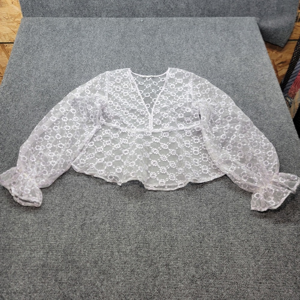 Zara Lavender Floral Lace Sheer V-Neck Peplum Blouse Balloon Sleeve Small
